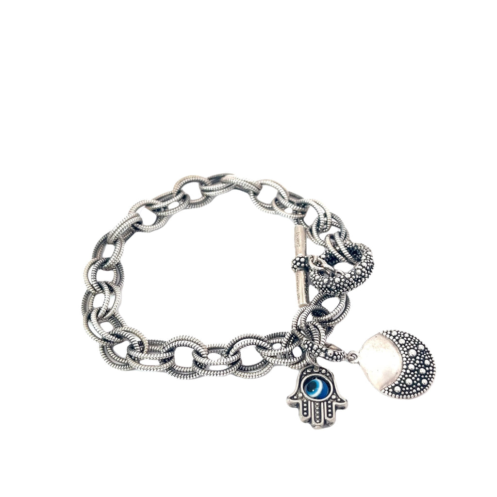 Pre-Owned Michael Dawkins Sterling Silver Starry Night Charm Bracelet with Khamsa Charm