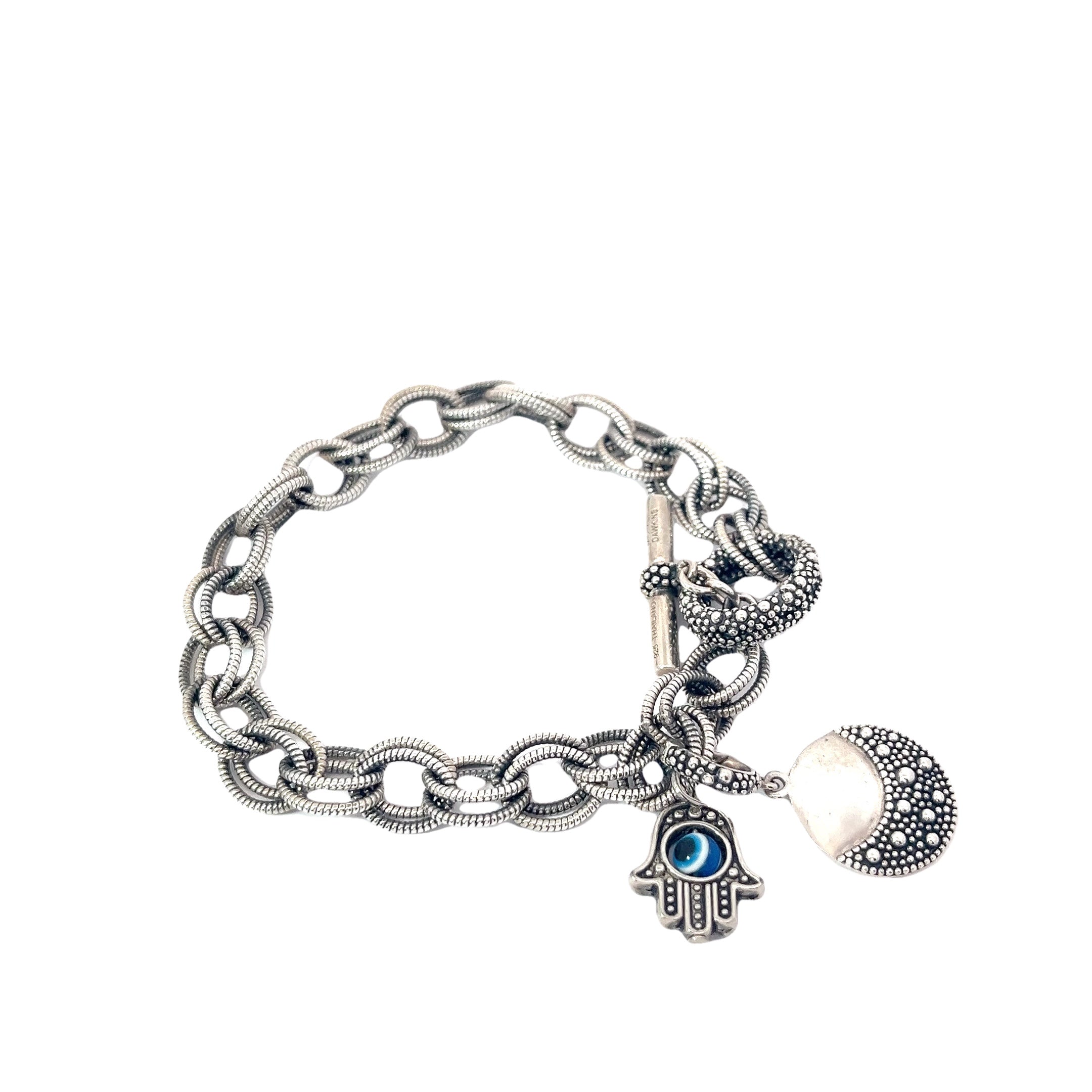 Pre-Owned Michael Dawkins Sterling Silver Starry Night Charm Bracelet with Khamsa Charm