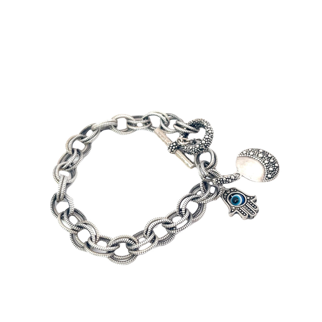 Pre-Owned Michael Dawkins Sterling Silver Starry Night Charm Bracelet with Khamsa Charm