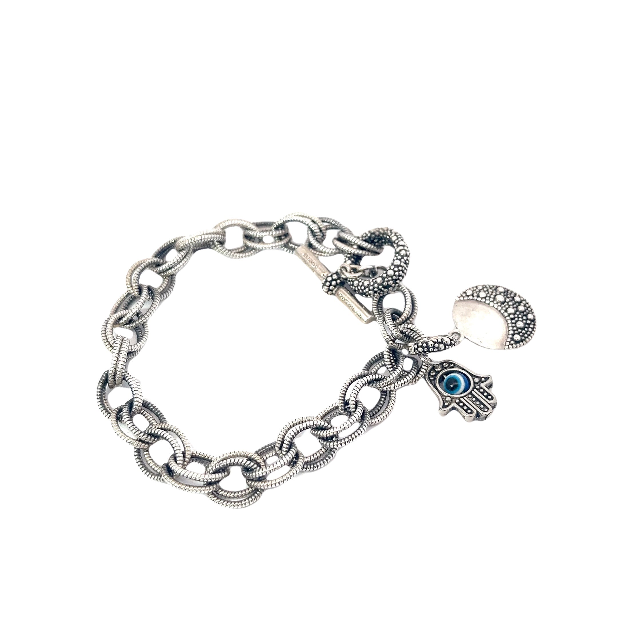 Pre-Owned Michael Dawkins Sterling Silver Starry Night Charm Bracelet with Khamsa Charm
