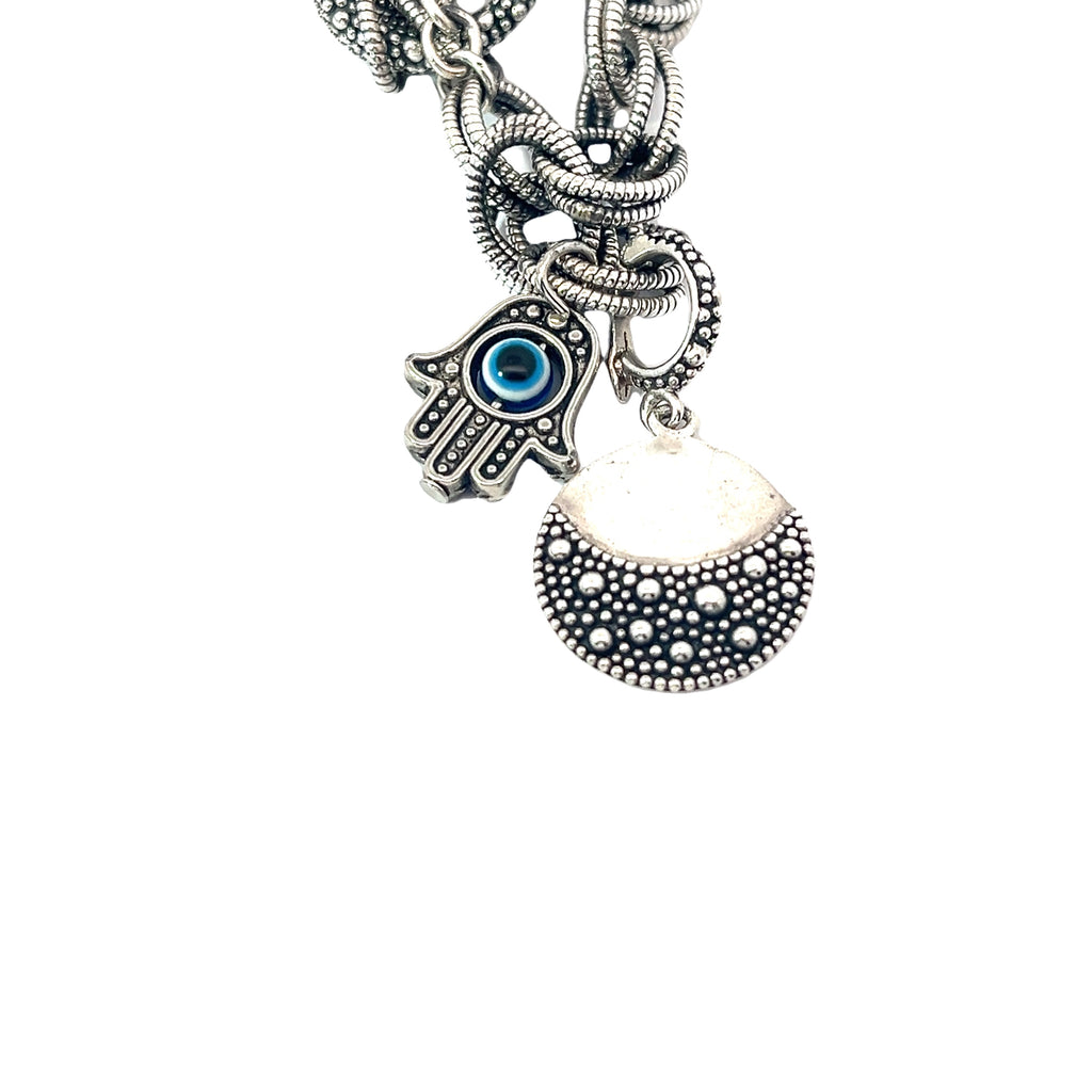 Pre-Owned Michael Dawkins Sterling Silver Starry Night Charm Bracelet with Khamsa Charm