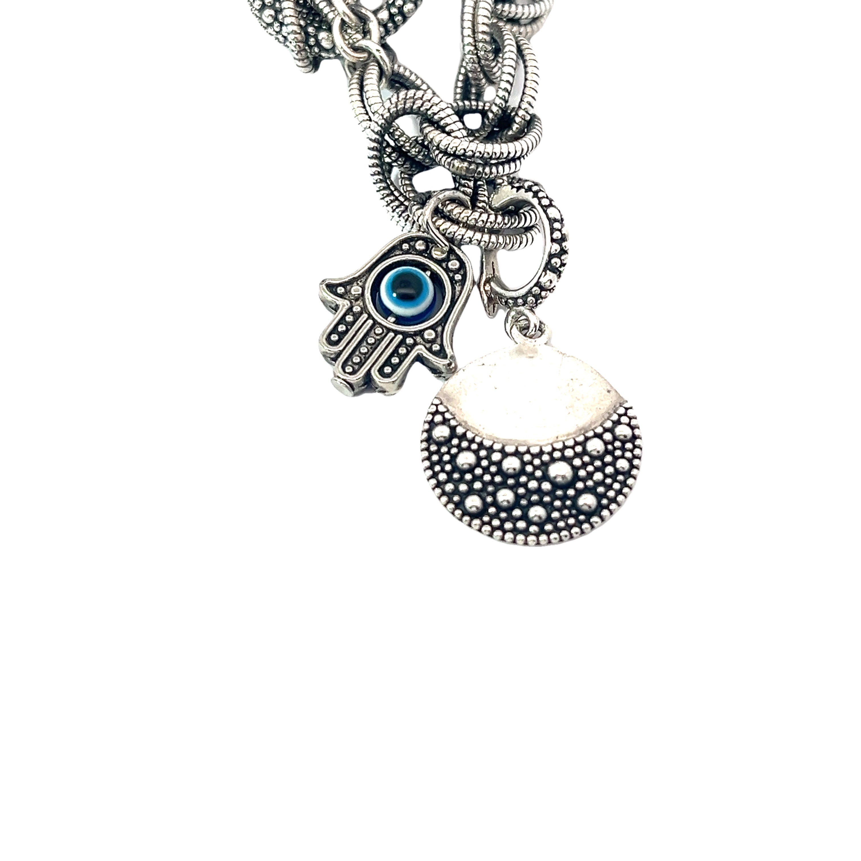 Pre-Owned Michael Dawkins Sterling Silver Starry Night Charm Bracelet with Khamsa Charm