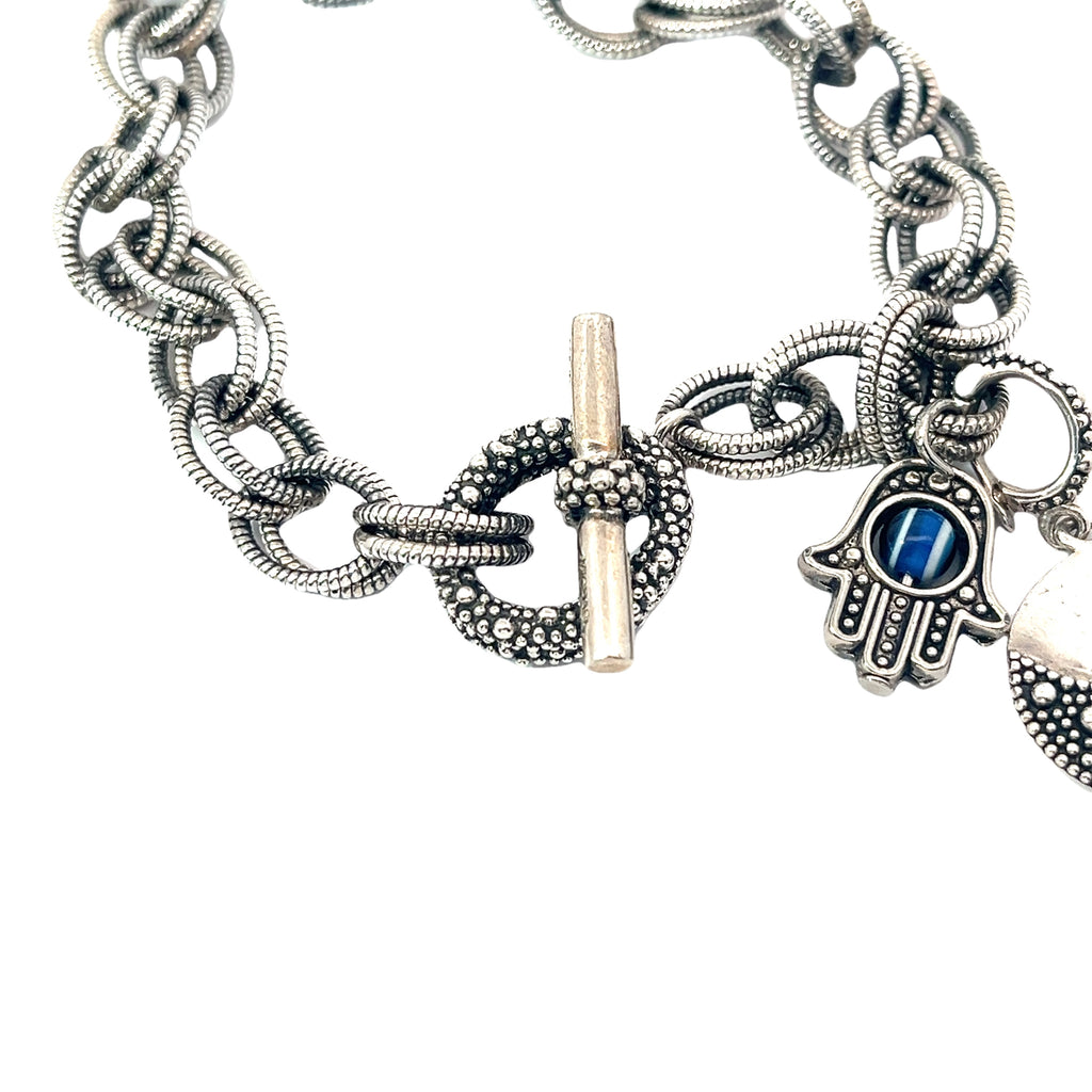 Pre-Owned Michael Dawkins Sterling Silver Starry Night Charm Bracelet with Khamsa Charm