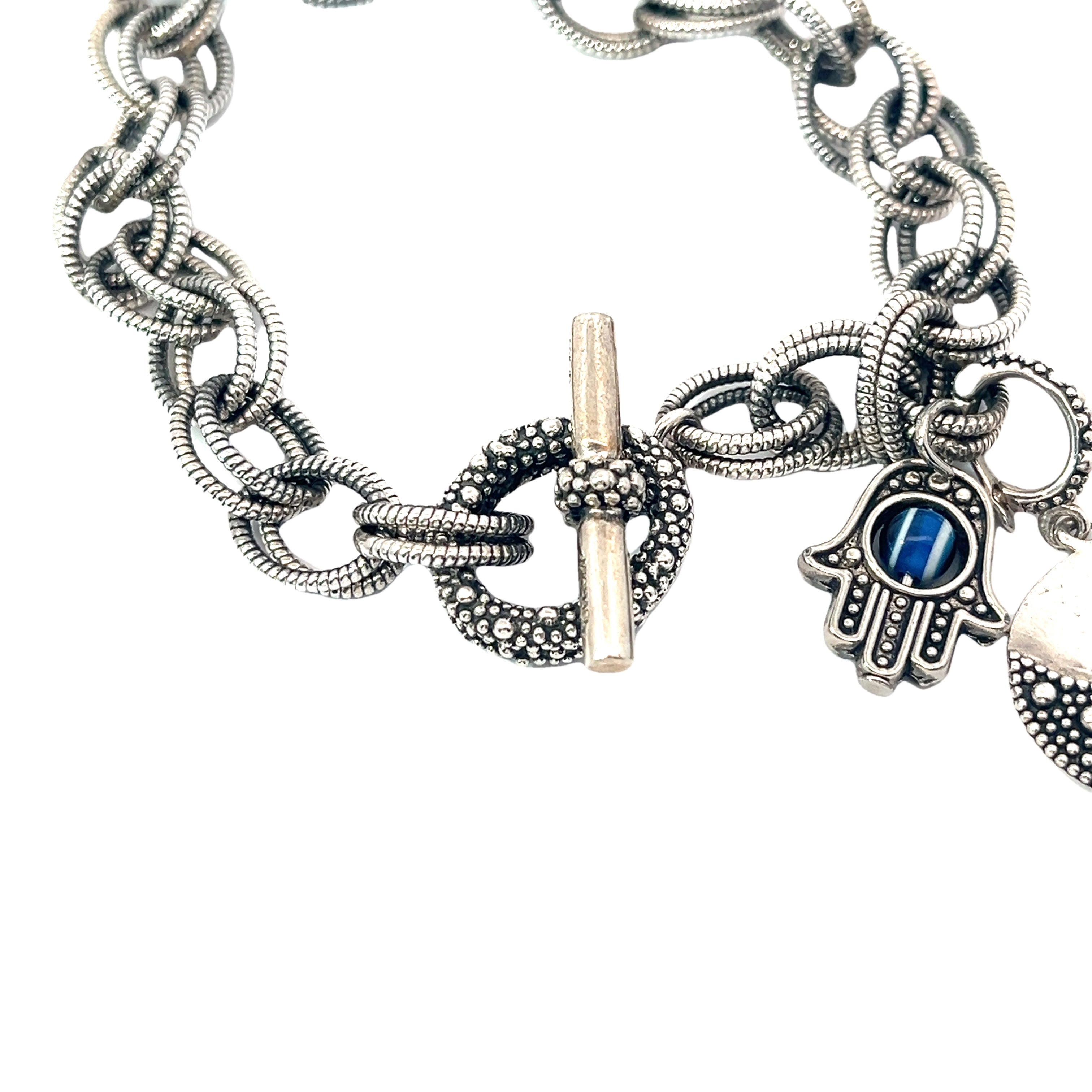 Pre-Owned Michael Dawkins Sterling Silver Starry Night Charm Bracelet with Khamsa Charm