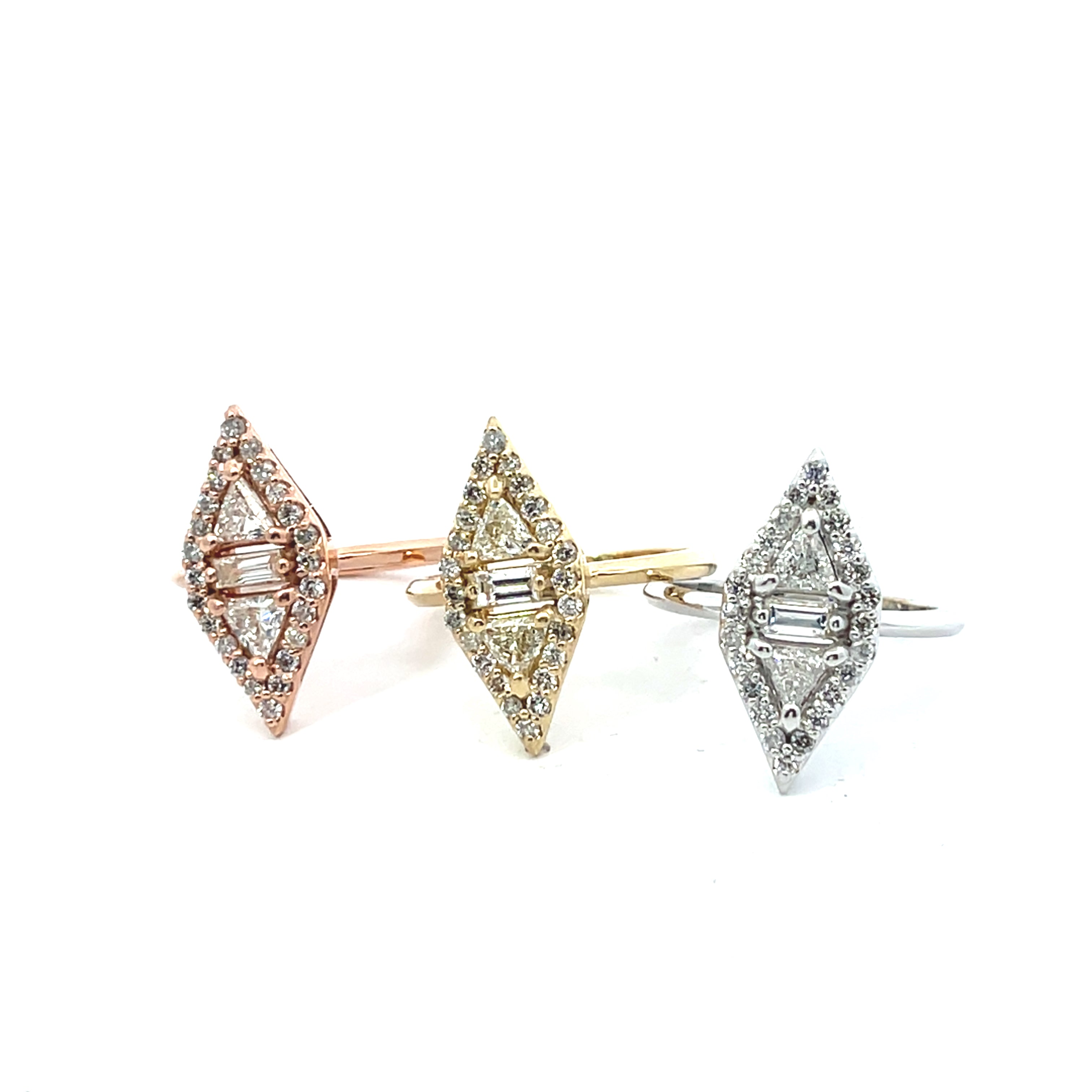 14k Gold .50ct Trillion/.15ct Baguette/.35ct Round Diamond Vertical Geometrical Fashion Ring Size 6.5