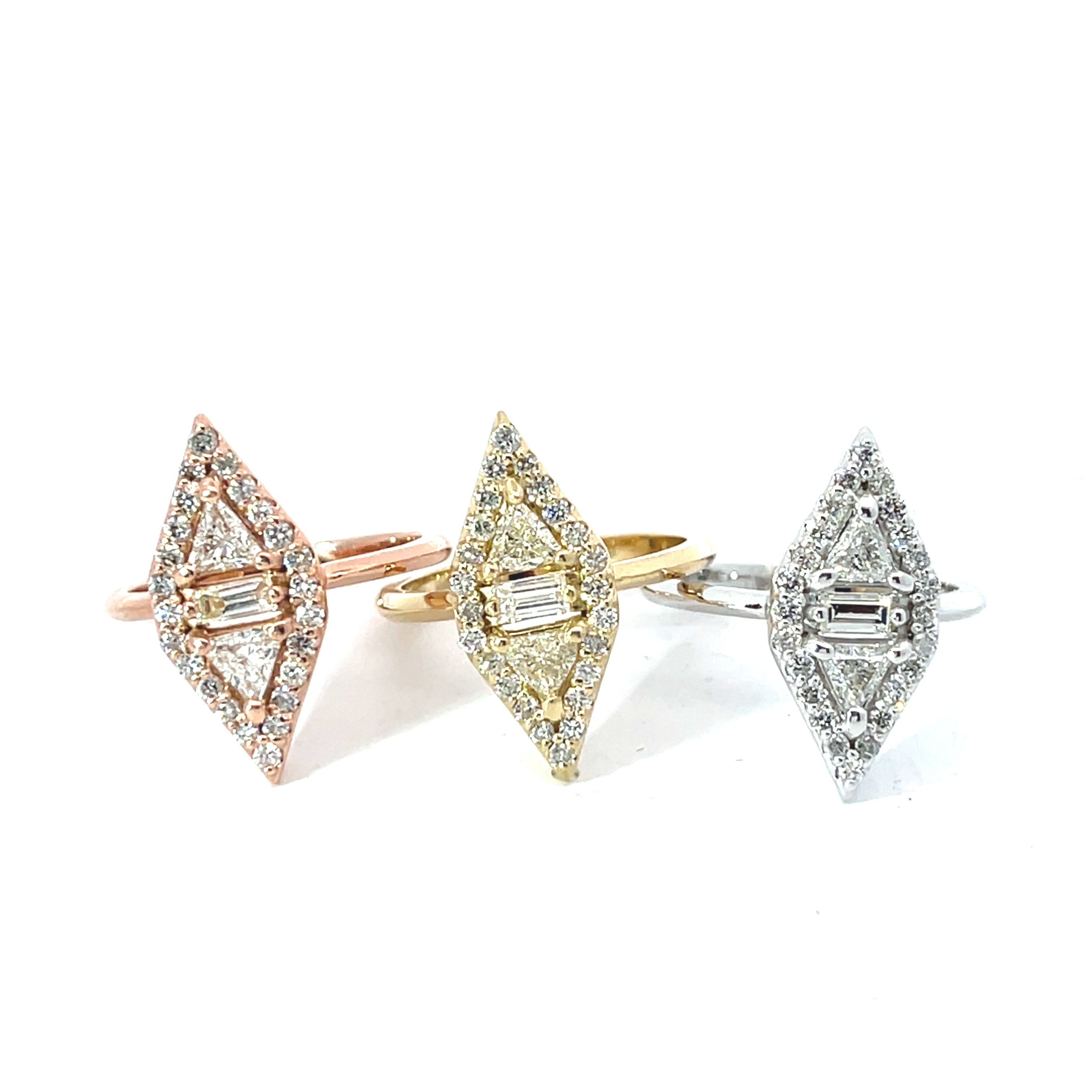 14k Gold .50ct Trillion/.15ct Baguette/.35ct Round Diamond Vertical Geometrical Fashion Ring Size 6.5