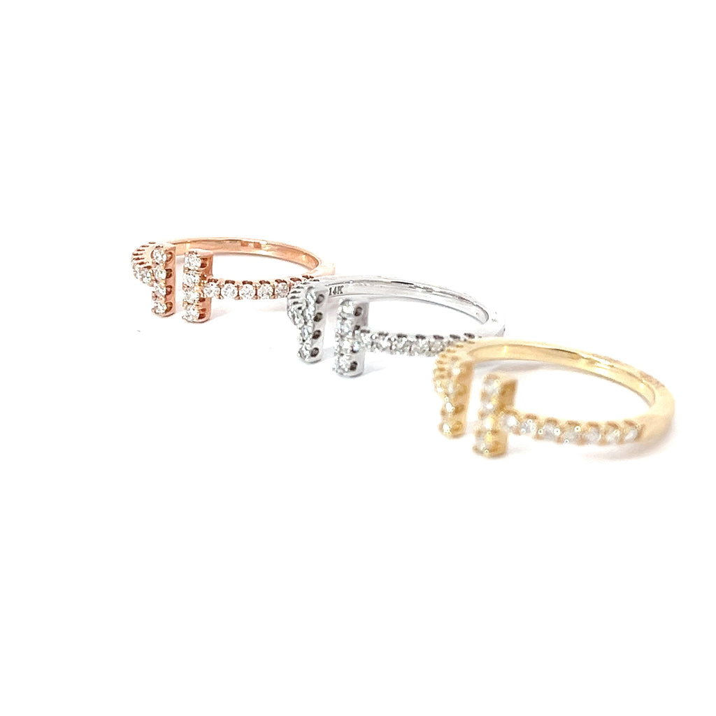 14k White, Yellow or Rose Gold .38CT G VS2 Round Diamond T Open Fashion Ring