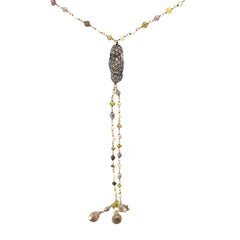 18k Yellow Gold 18.00ct Mixed Colored Beaded Diamond alternating Tahitian Pearl and 2.00ct Round Chocolate Diamond Necklace