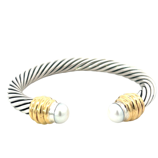 Pre-Owned 18k Yellow Gold and Sterling Silver Cable Cuff Bangle with 7mm Pearls