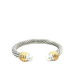 Pre-owned 18k Yellow Gold and Sterling Silver Cable Cuff Bangle with 7mm Pearls