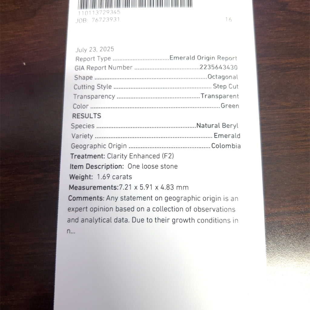 1.69ct Octagonal Colombia Emerald Certified By GIA# 2235643430
