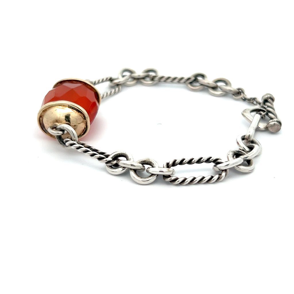 Pre-Owned John Hardy Sterling Silver and 14k Yellow Gold with Carnelian 8 inch Toggle Clasp Bracelet/ Figuero Link (Rare)