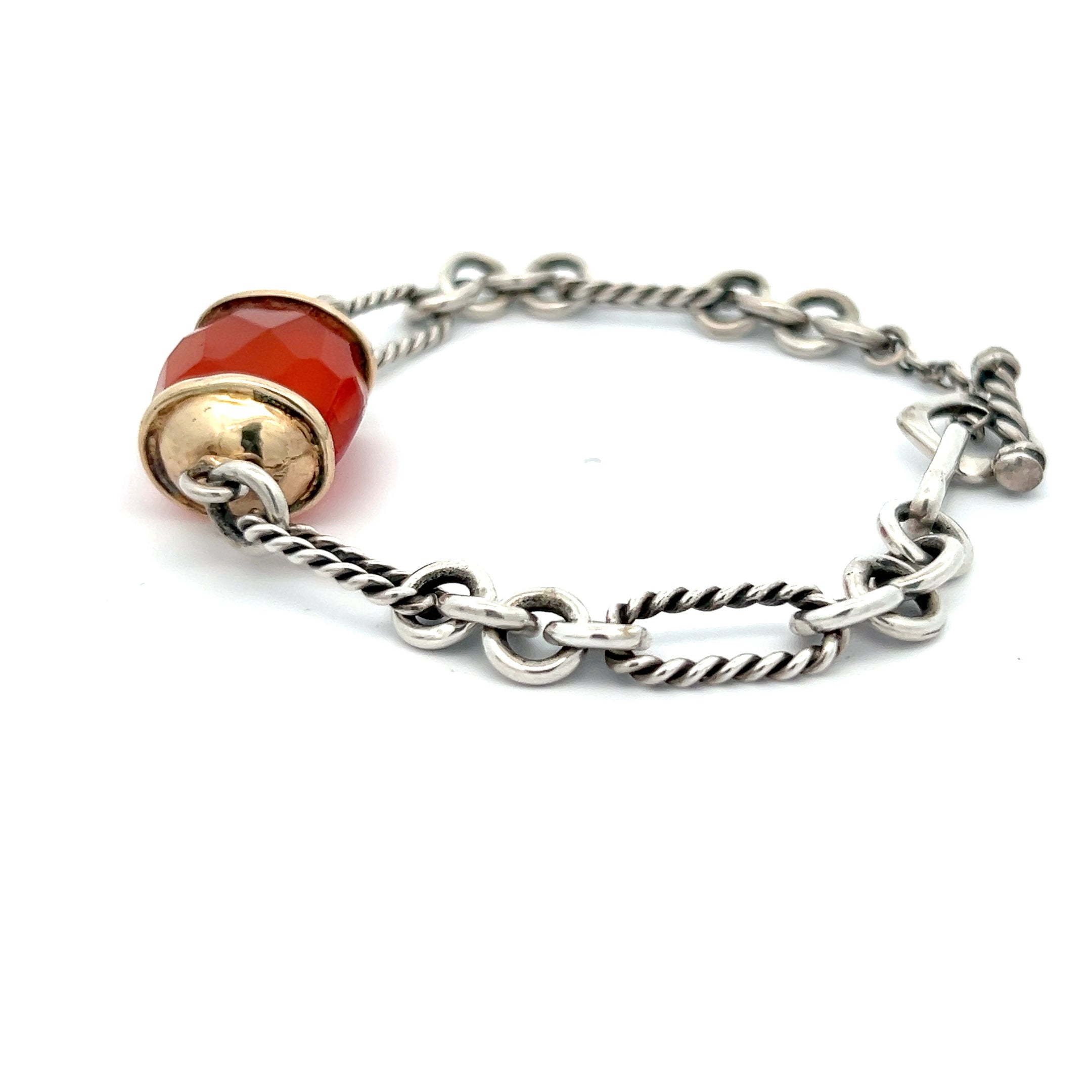 Pre-Owned John Hardy Sterling Silver and 14k Yellow Gold with Carnelian 8 inch Toggle Clasp Bracelet/ Figuero Link (Rare)