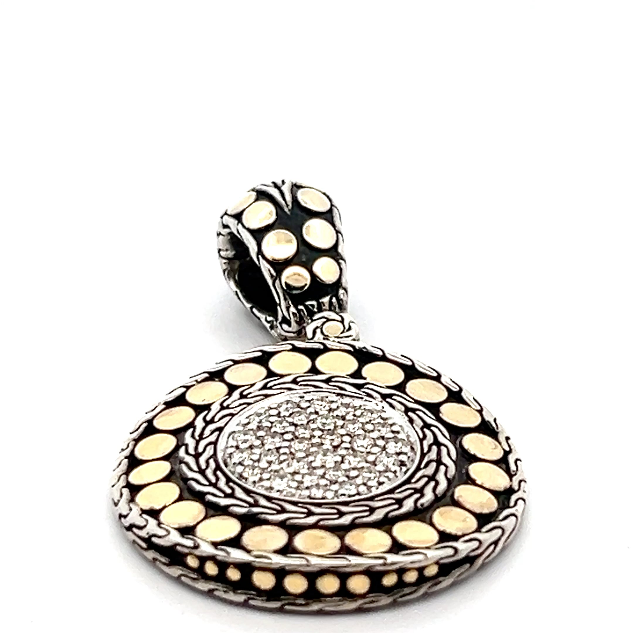 Pre-owned John Hardy Sterling Silver and 18k Yellow Gold with .25ct Round Diamond Dot Pendant 9.2 dwt (Rare)qa