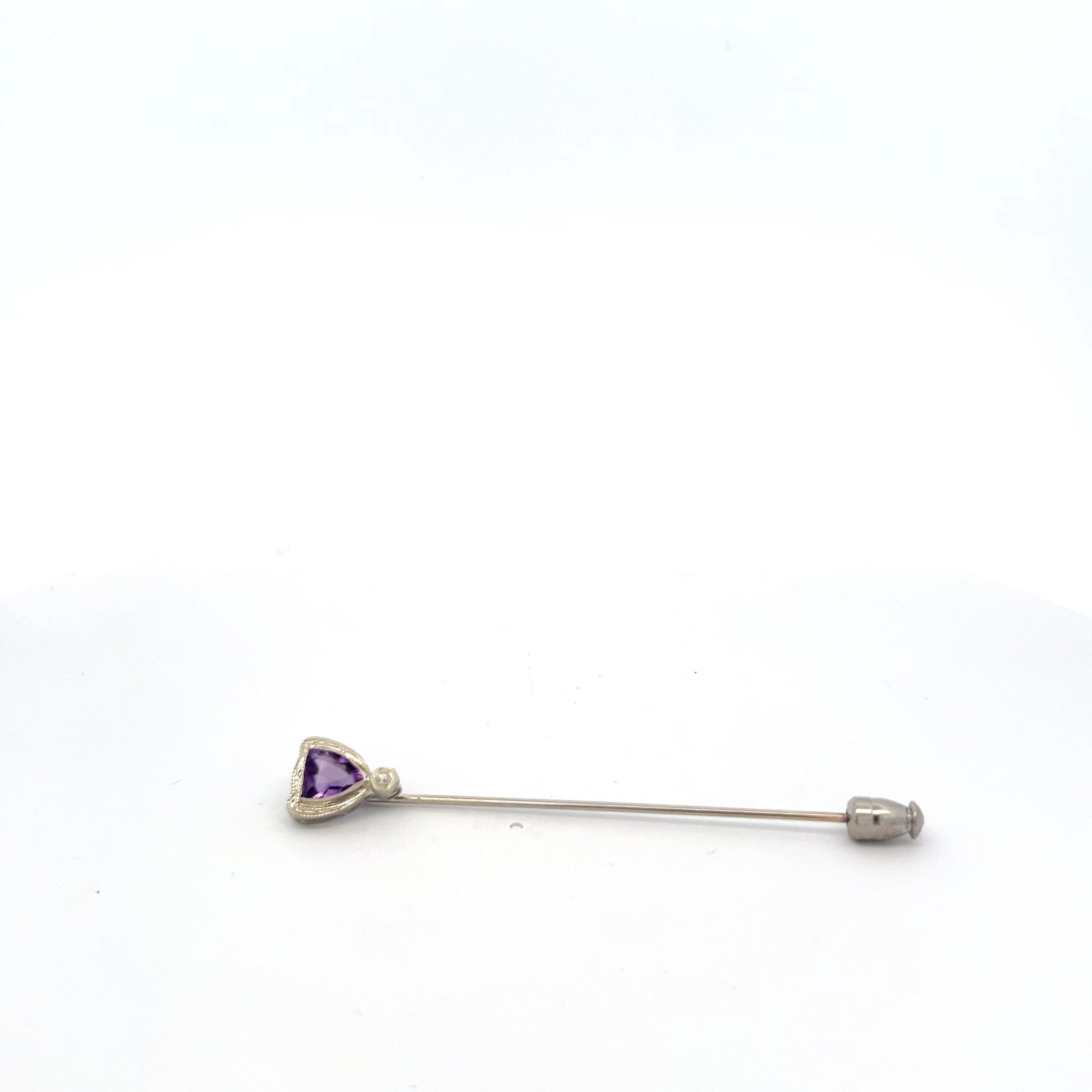 14k White Gold .01ct G SI1 Round Diamond / Trillion Amethyst Brooch/Pin