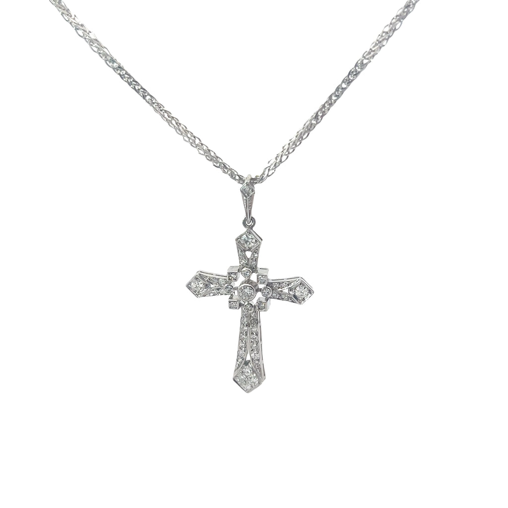 Platinum 1.00ct G VS2 Round Diamond Vintage Deco Cross Pendant