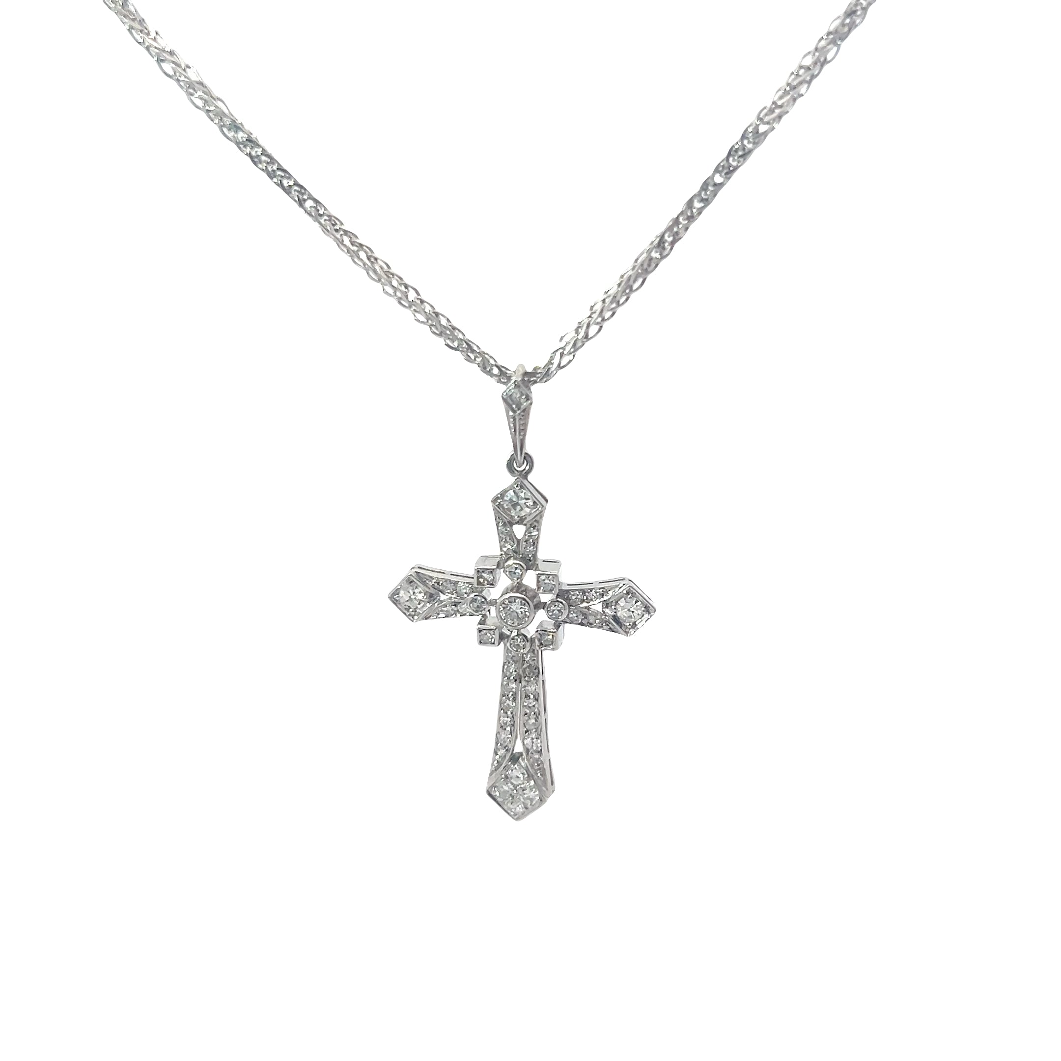 Platinum 1.00ct G VS2 Round Diamond Vintage Deco Cross Pendant
