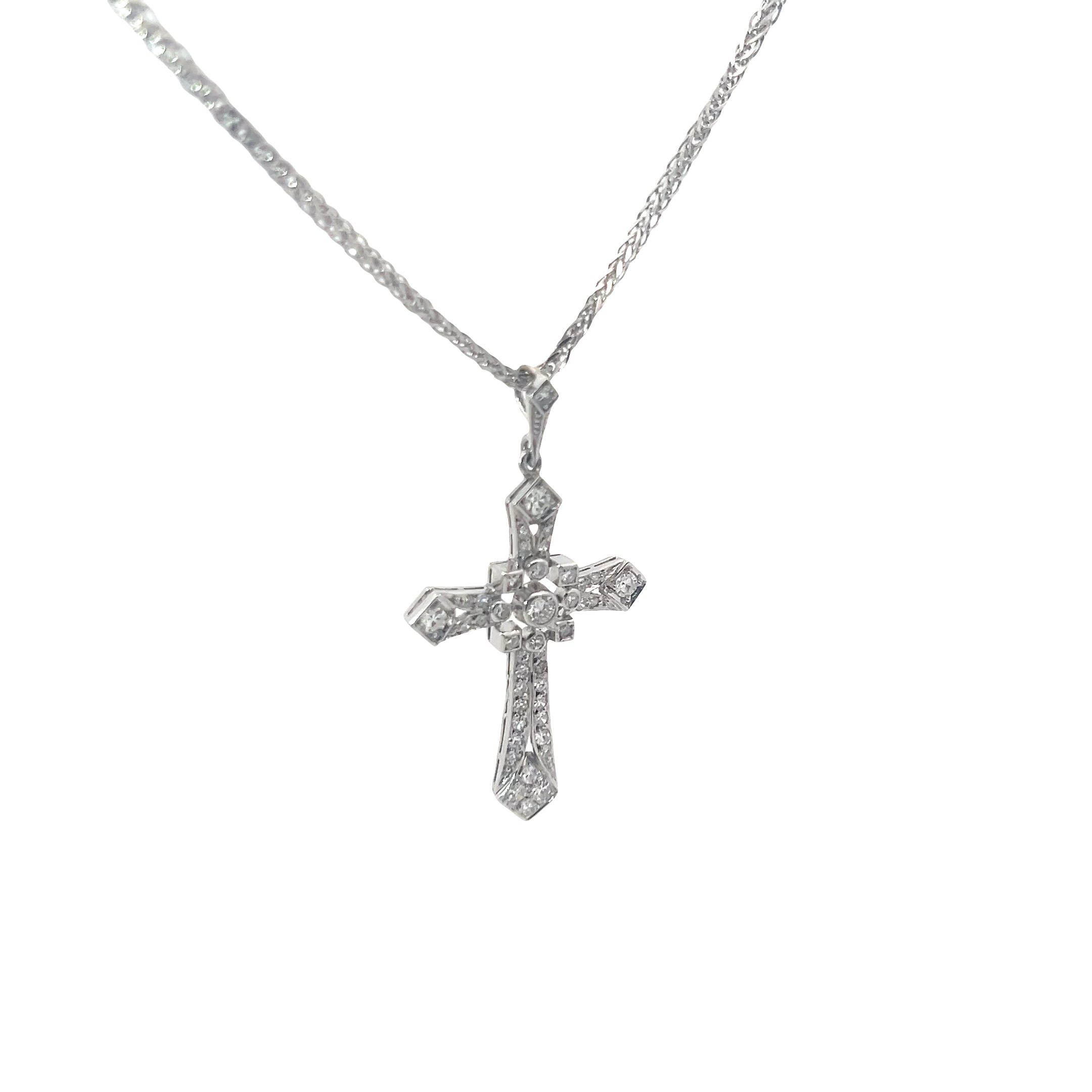 Platinum 1.00ct G VS2 Round Diamond Vintage Deco Cross Pendant