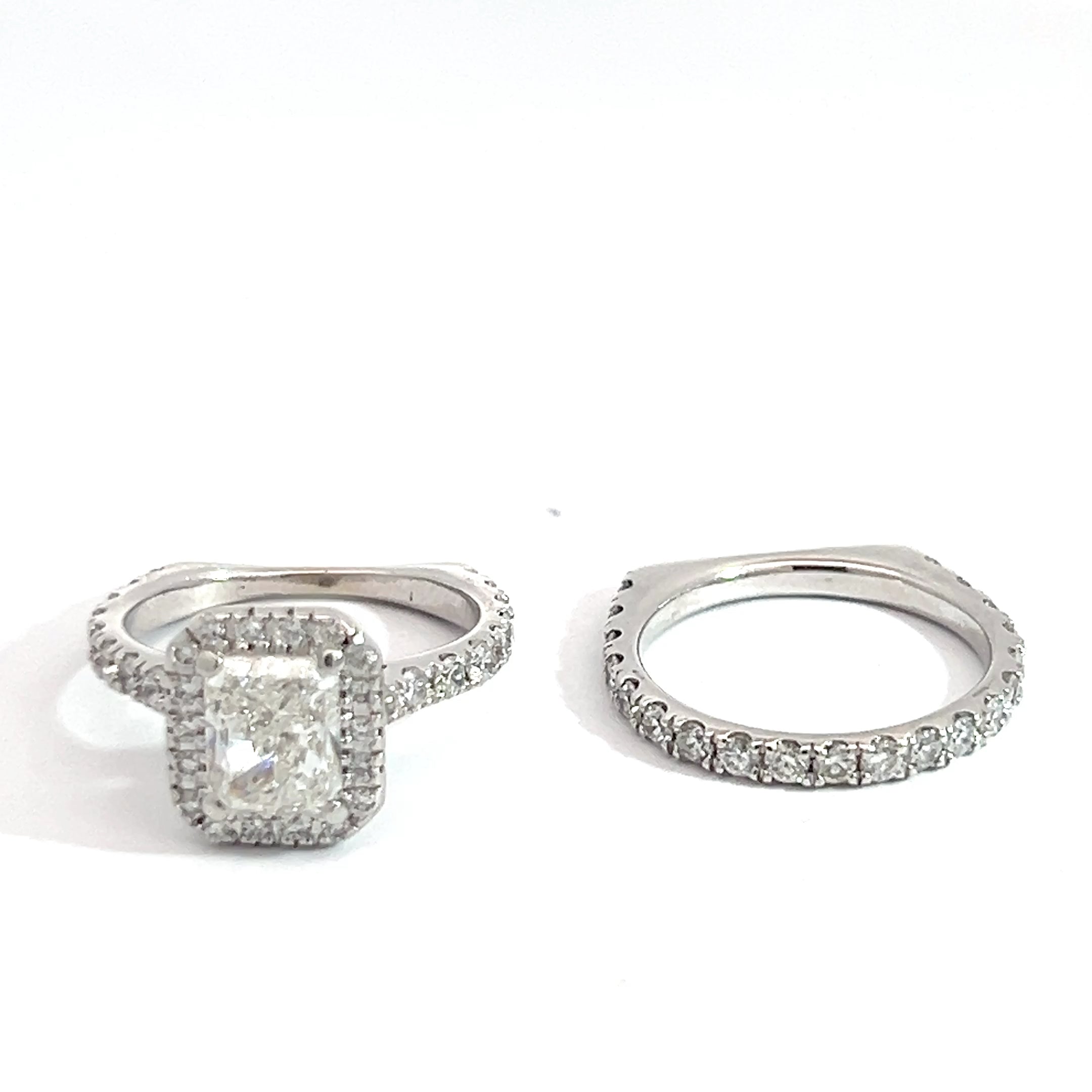 18k White Gold 1.71ct G VS2 Cut-Cornered Rectangular Engagement / 2.00ct F VS2 Round Diamond with Halo Matching Set Wedding Band Certified By GIA # 1189328233