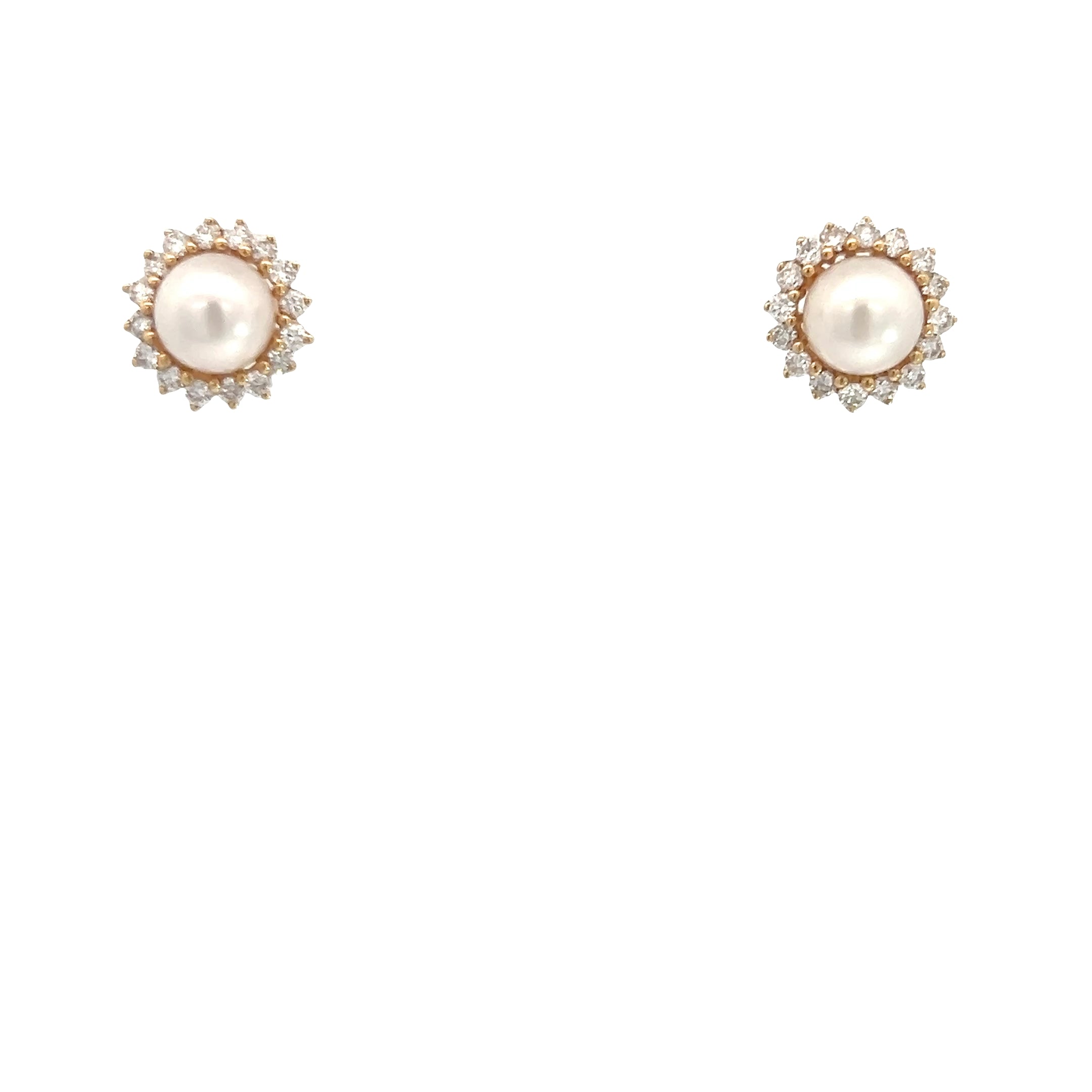 14k Yellow Gold 6.5mm Round Salt Water Pearls with Halo .50ct G VS2 Round Diamond Stud Earrings