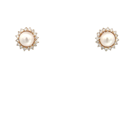 14k Yellow Gold 6.5mm Round Salt Water Pearls with Halo .50ct G VS2 Round Diamond Stud Earrings