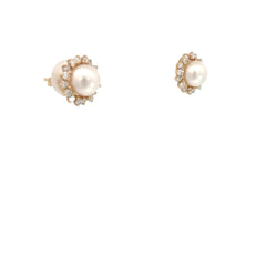 14k Yellow Gold 6.5mm Round Salt Water Pearls with Halo .50ct G VS2 Round Diamond Stud Earrings