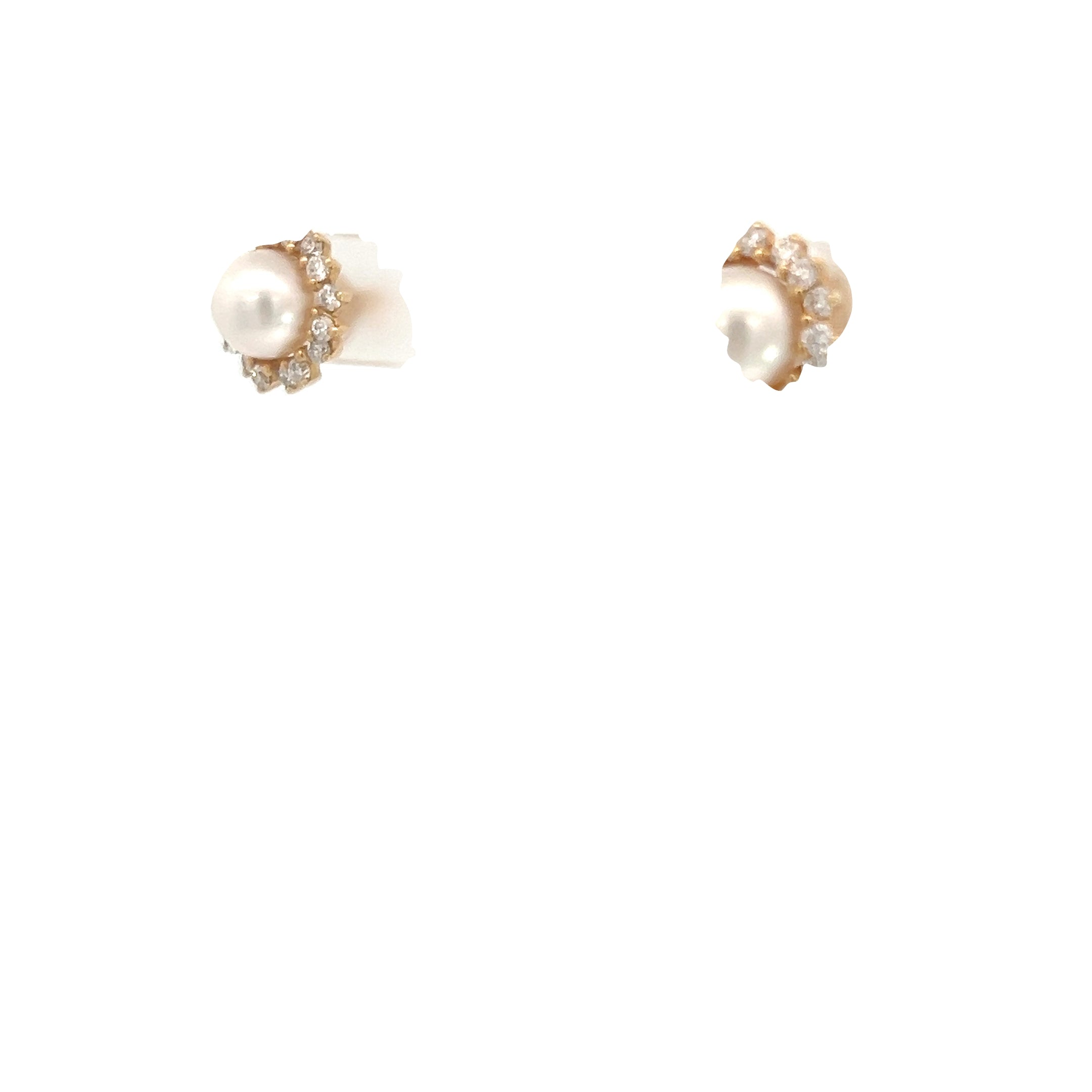 14k Yellow Gold 6.5mm Round Salt Water Pearls with Halo .50ct G VS2 Round Diamond Stud Earrings