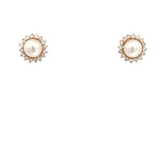 14k Yellow Gold 6.5mm Round Salt Water Pearls with Halo .50ct G VS2 Round Diamond Stud Earrings