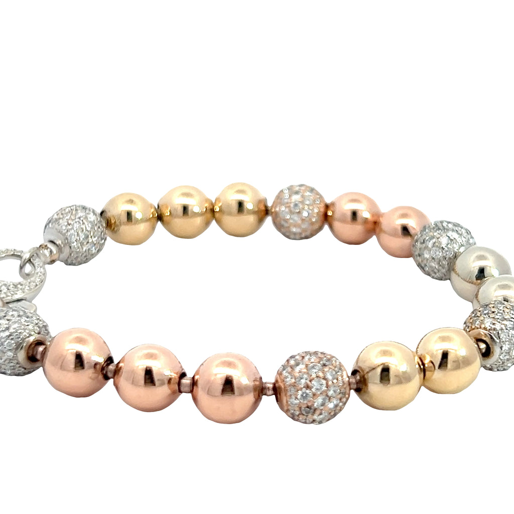 14k Tri-Color 3.00ct Total Weight of G VS2 Diamond 8mm White Pave Round/ White and Yellow Gold Beaded and White Gold Diamond Clasp Bracelet