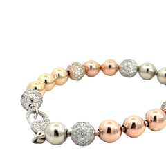 14k Tri-Color 3.00ct Total Weight of G VS2 Diamond 8mm White Pave Round/ White and Yellow Gold Beaded and White Gold Diamond Clasp Bracelet