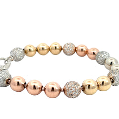 14k Tri-Color 3.00ct Total Weight of G VS2 Diamond 8mm White Pave Round/ White and Yellow Gold Beaded and White Gold Diamond Clasp Bracelet