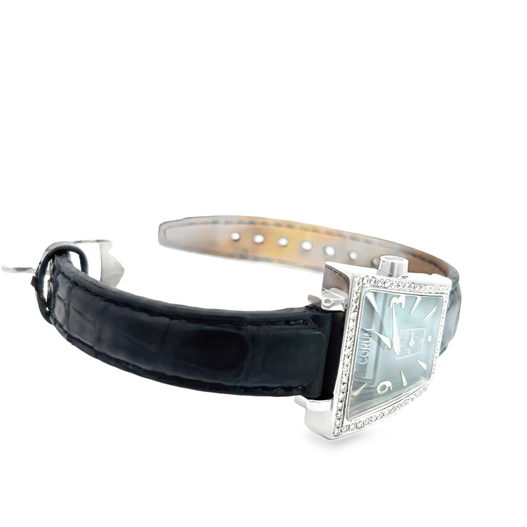 Pre-Owned Corum Watch /Stainless Steel /34mm / Diamond Bezel / Black Dial / Black leather Band come with Box and Papers