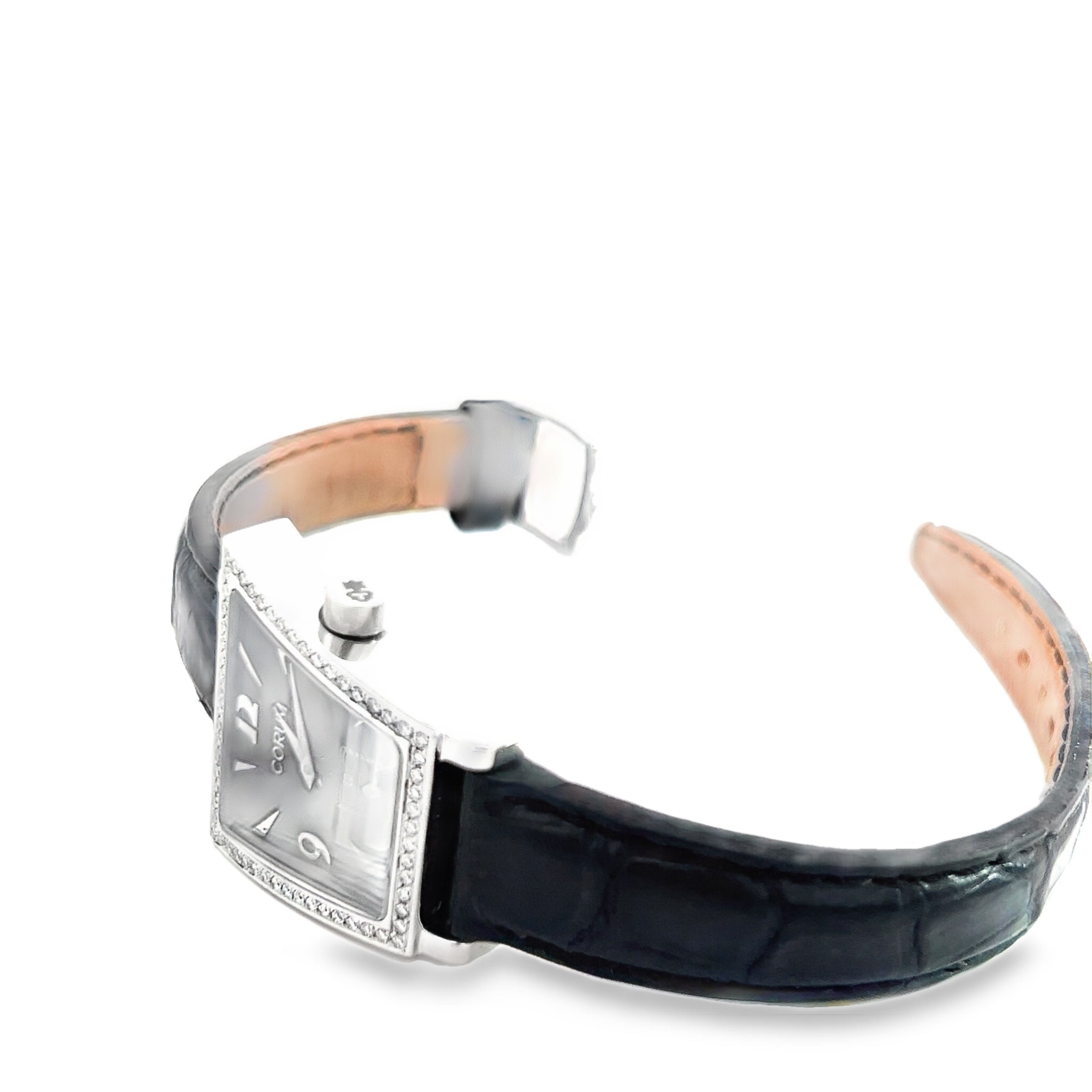 Pre-Owned Corum Watch /Stainless Steel /34mm / Diamond Bezel / Black Dial / Black leather Band come with Box and Papers