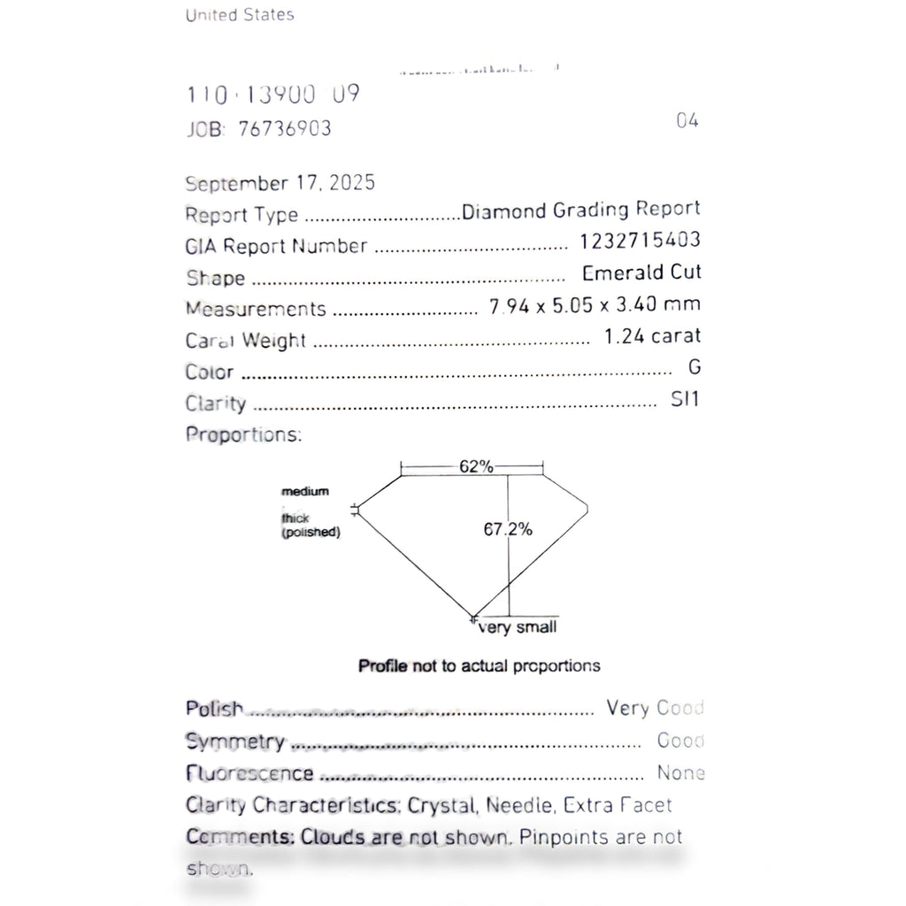 1.24ct G SI1 Emerald Cut Certified By GIA # 1232715403