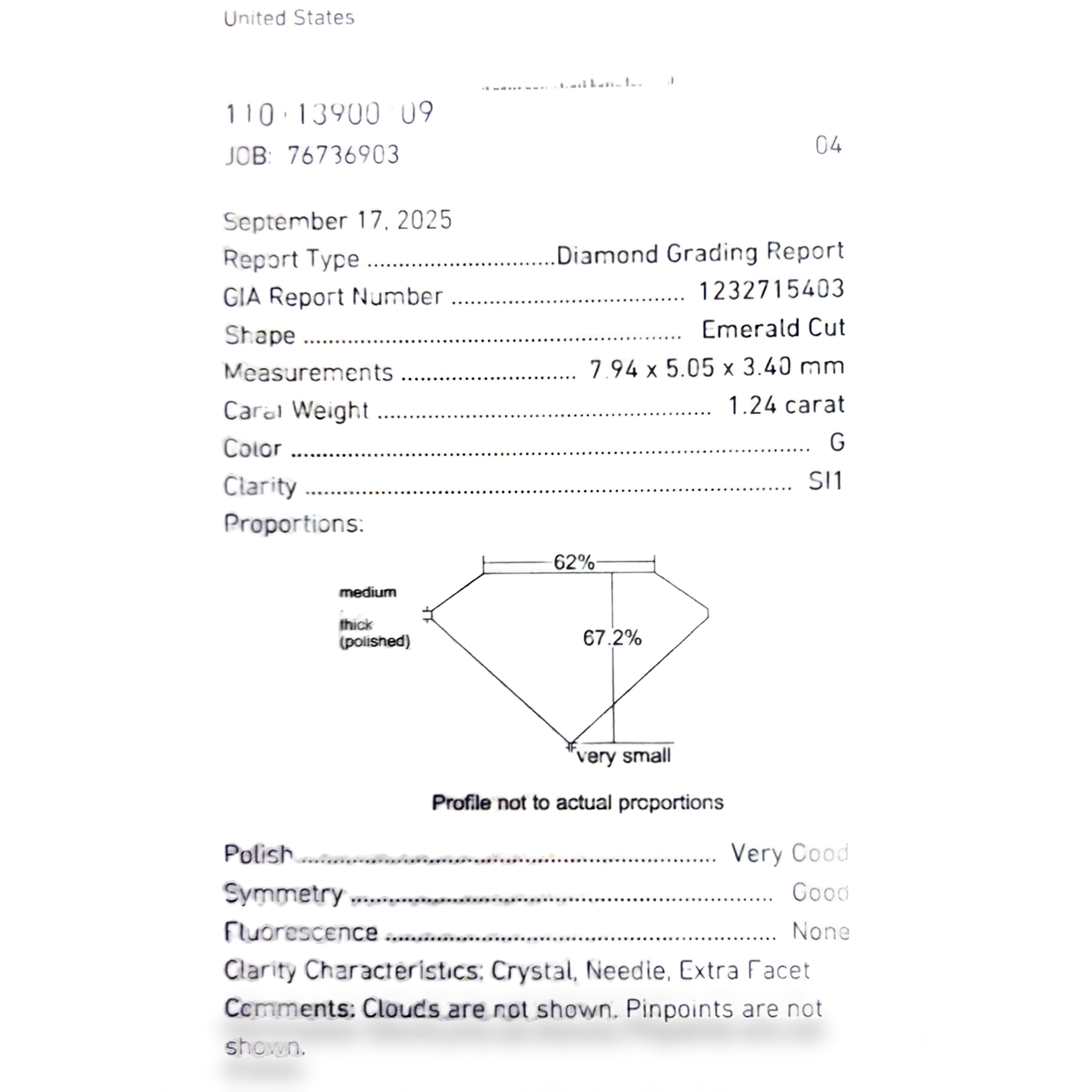 1.24ct G SI1 Emerald Cut Certified By GIA # 1232715403