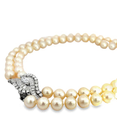 14k White Gold 1.00ct G VS2 Round/ .75ct G VS2 Marquise / .50ct G VS2 Baguette Diamonds Vintage (2) Strand Salt Water 9-9.35mm Choker Necklace Certified By GIA #2235703588