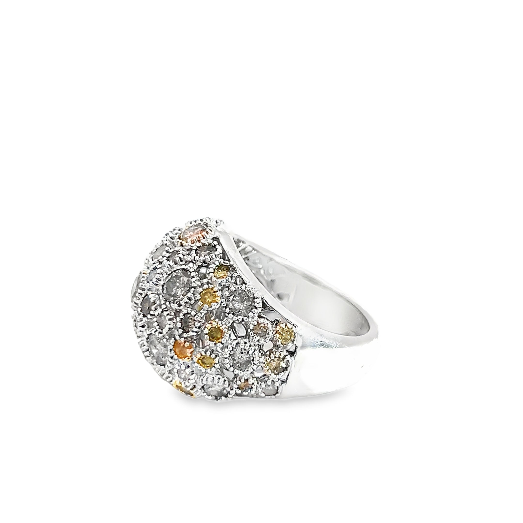 18k White Gold 5.08ct Round Natural Multi Color Diamond Milligan Set Domed Ring 14.6 Gram