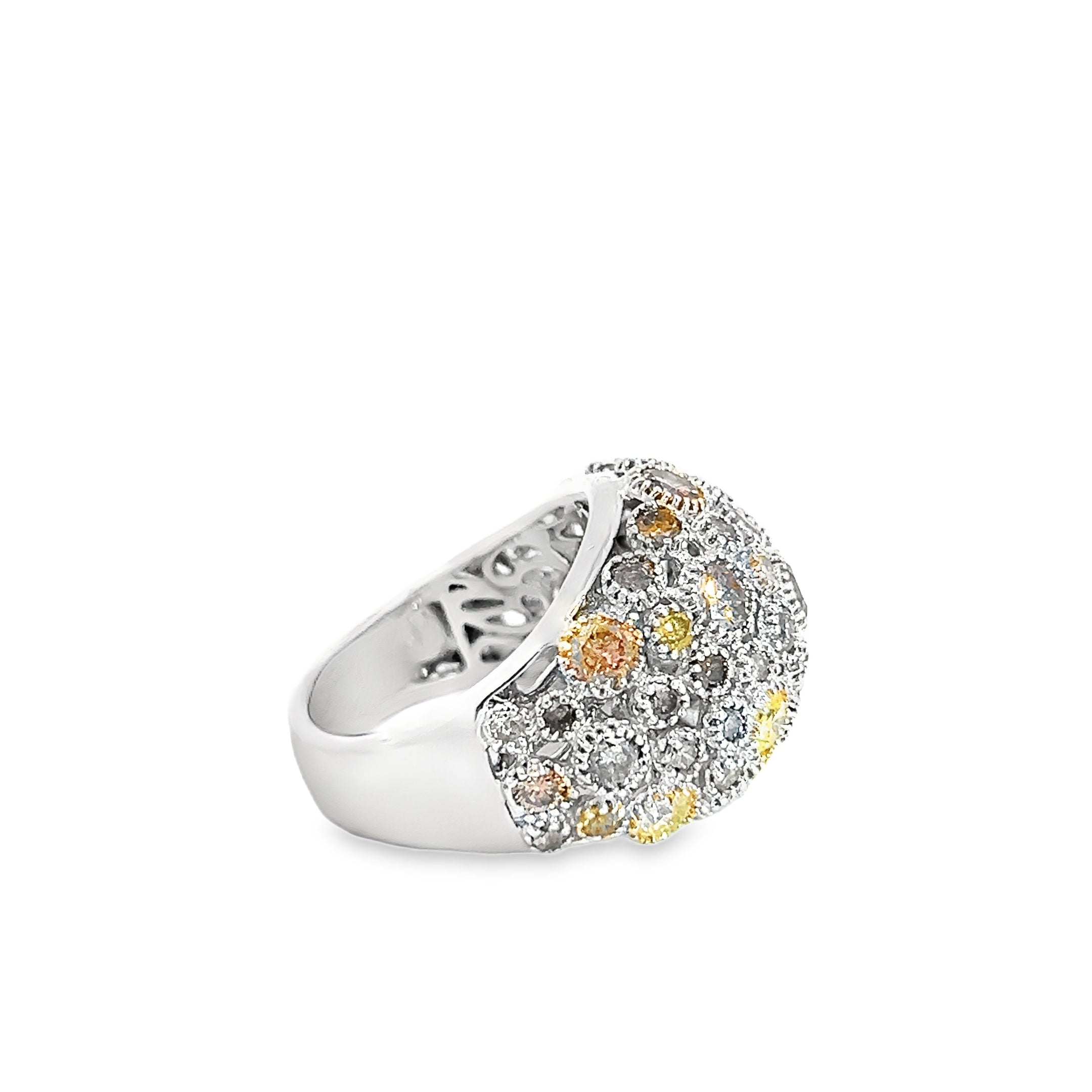 18k White Gold 5.08ct Round Natural Multi Color Diamond Milligan Set Domed Ring 14.6 Gram