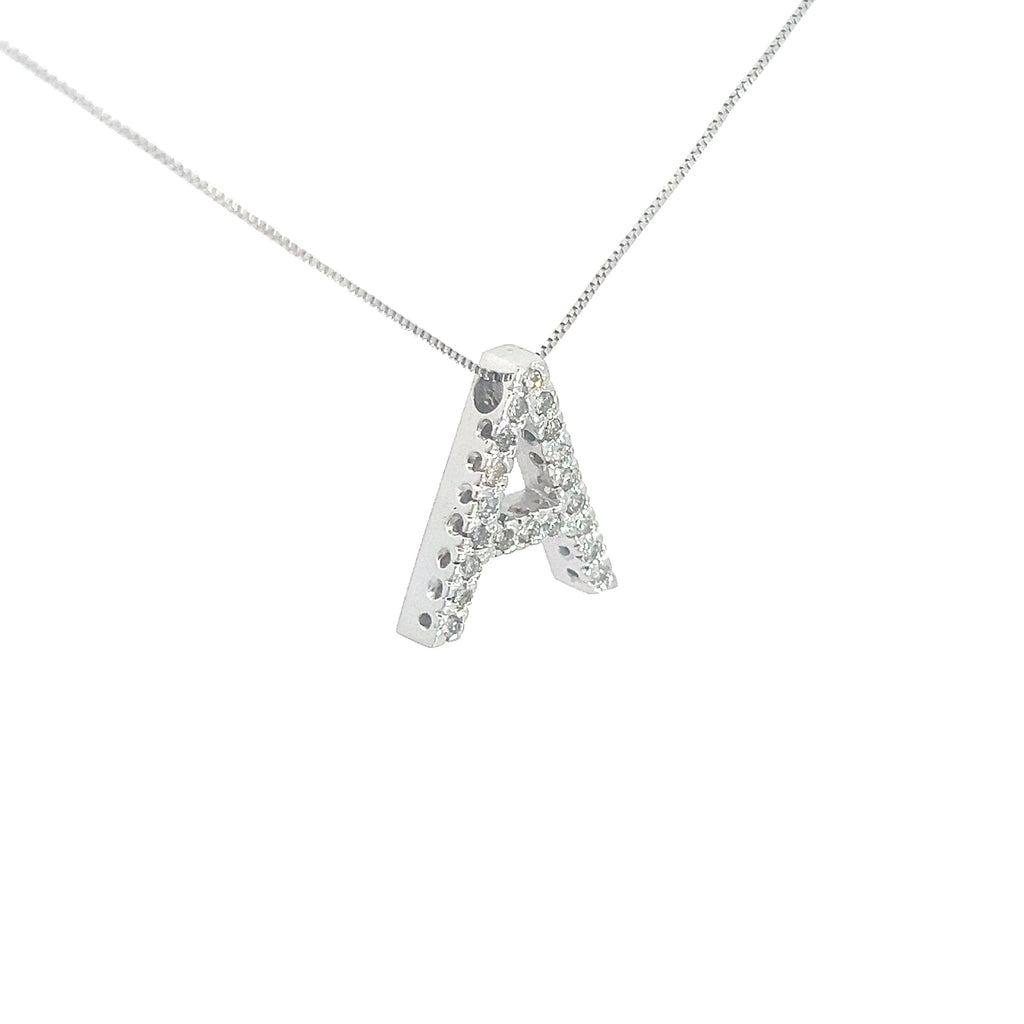 14k White Gold 3/4" x 1/2 Round Diamond G VS2 Block Letter A Necklace 4.3 Gram