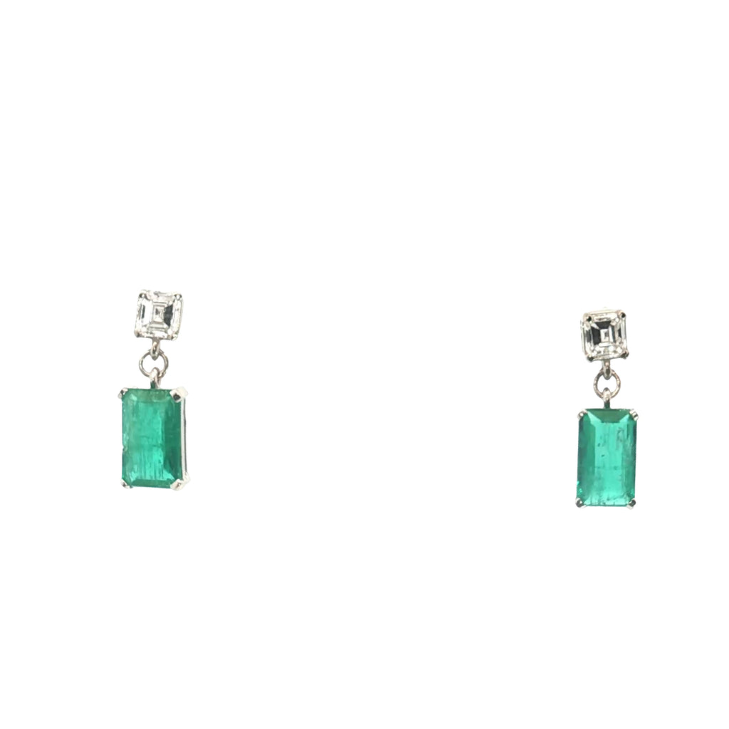 18k White Gold 1.88ct Emerald Rectangular Cut Shape/ .50ct F VS1 Asscher Cut Dangle Earrings