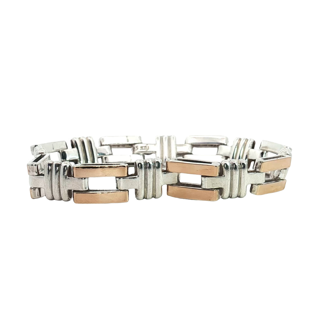 Sterling Silver /14k Yellow Gold 26.1 gram Flat Link Bracelet 9mm 7"inch
