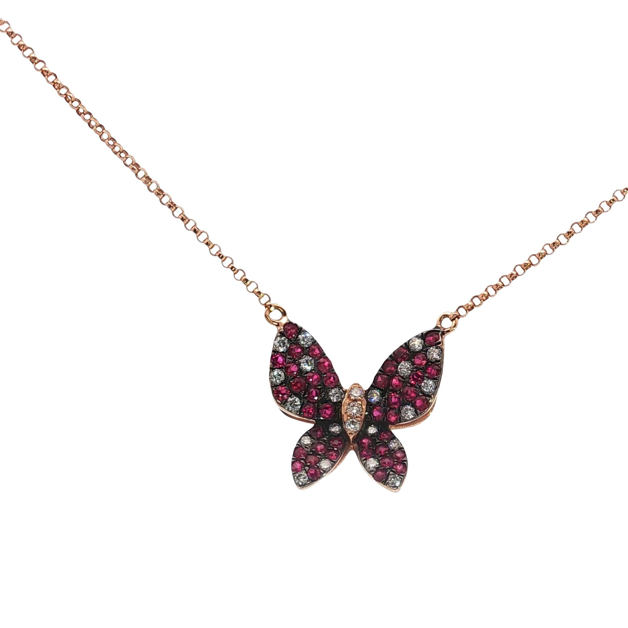 18k Rose Gold .75ct Round Ruby AAA/ .25ct G VS2 Round Diamond Butterfly Pendant