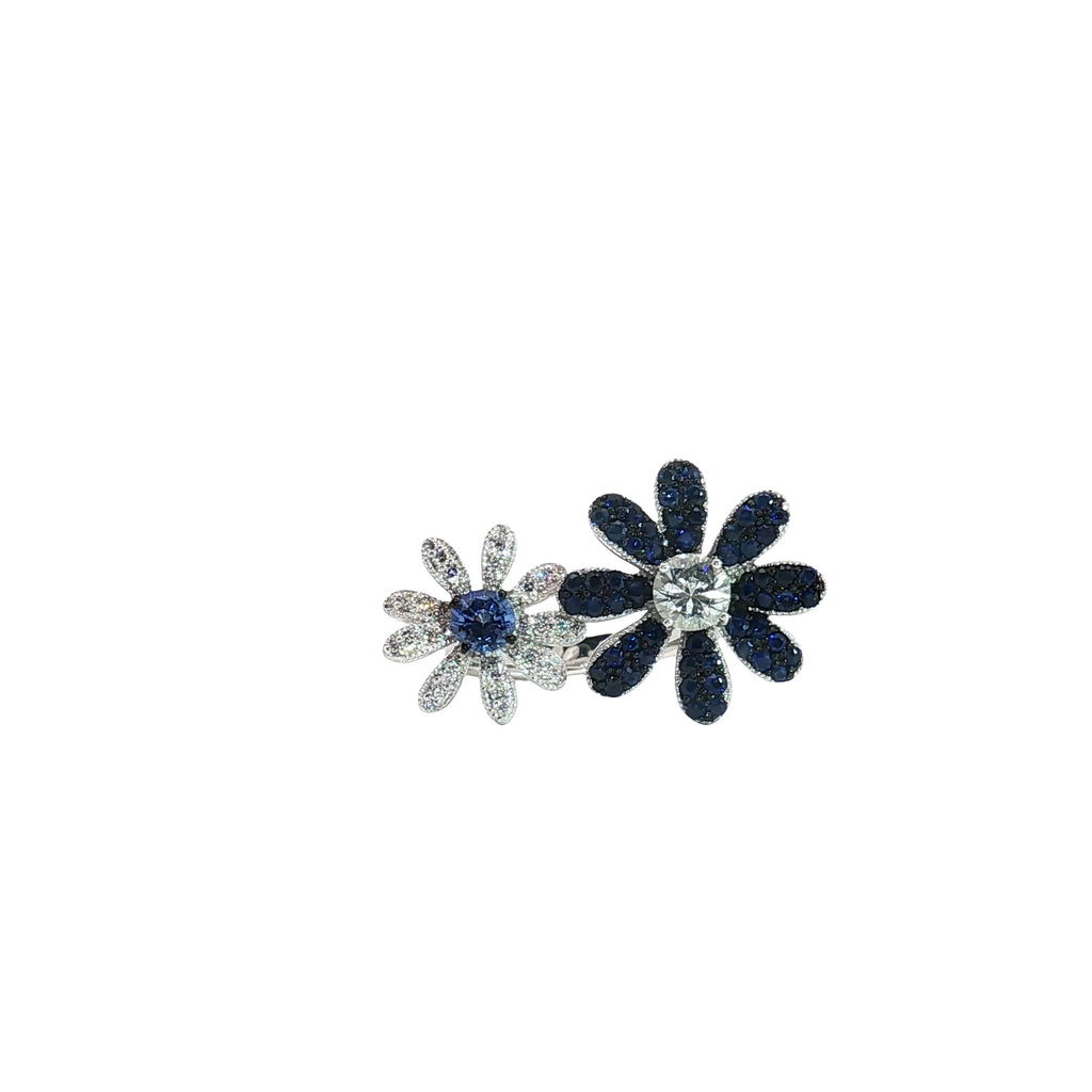 18k White Gold .85ct Round Blue Sapphire/ .50ct Round Topaz/ .25ct F VS2 Round Diamond Flower Pedal Ring