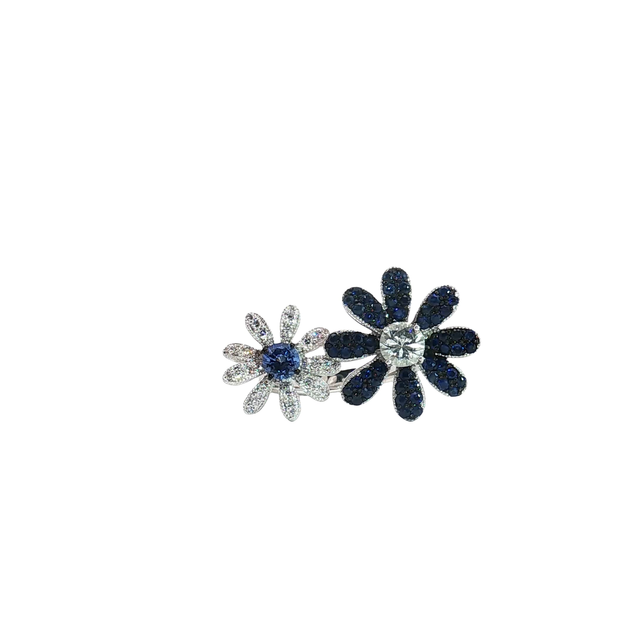 18k White Gold .85ct Round Blue Sapphire/ .50ct Round Topaz/ .25ct F VS2 Round Diamond Flower Pedal Ring