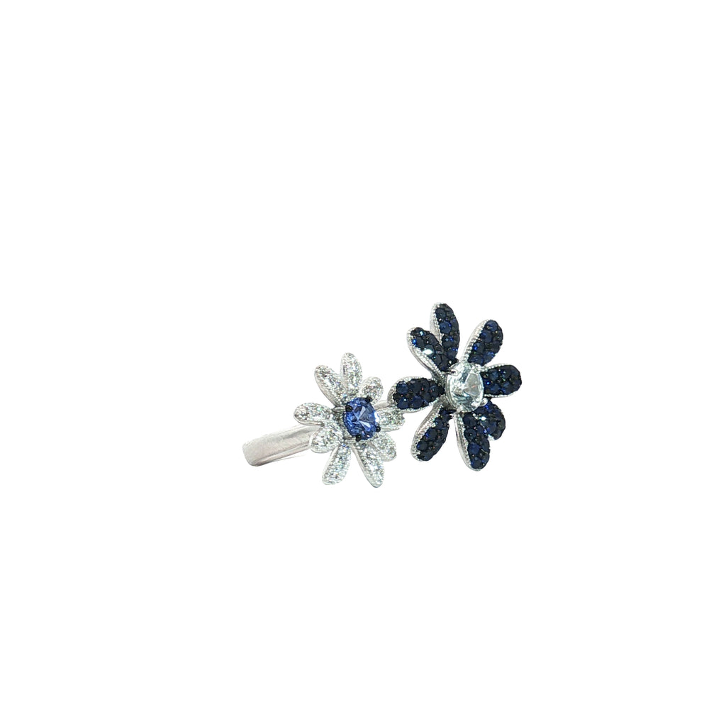 18k White Gold .85ct Round Blue Sapphire/ .50ct Round Topaz/ .25ct F VS2 Round Diamond Flower Pedal Ring