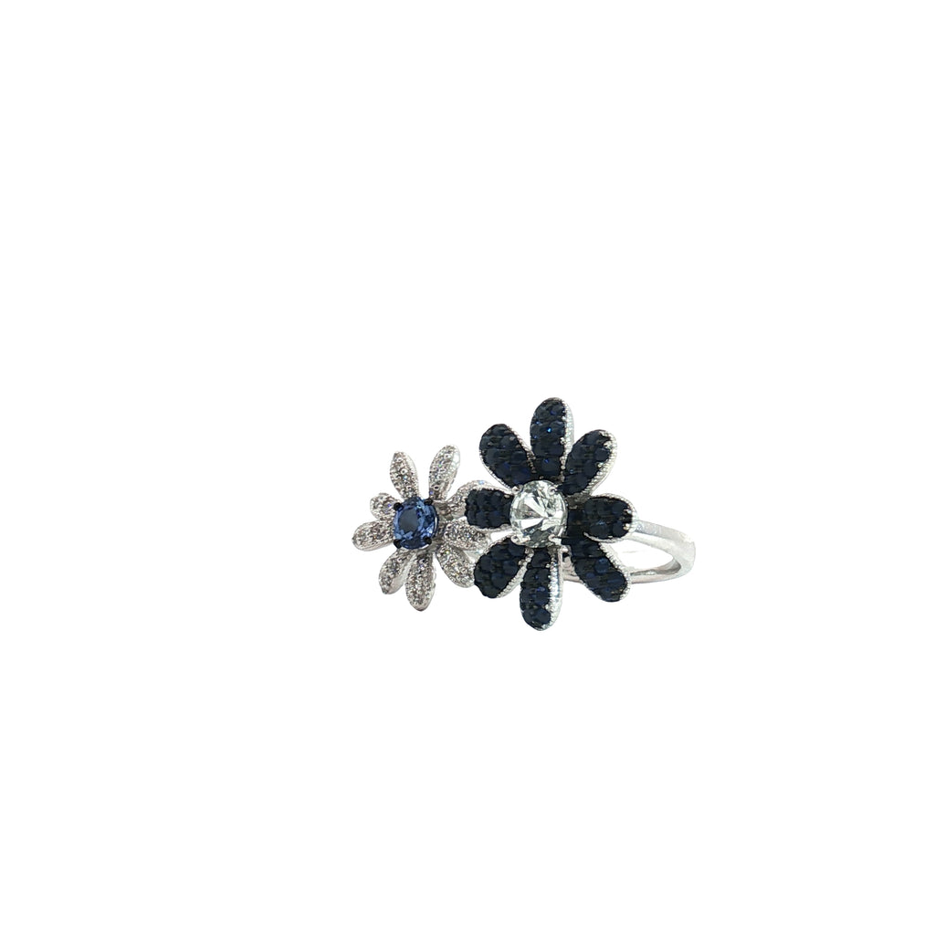 18k White Gold .85ct Round Blue Sapphire/ .50ct Round Topaz/ .25ct F VS2 Round Diamond Flower Pedal Ring