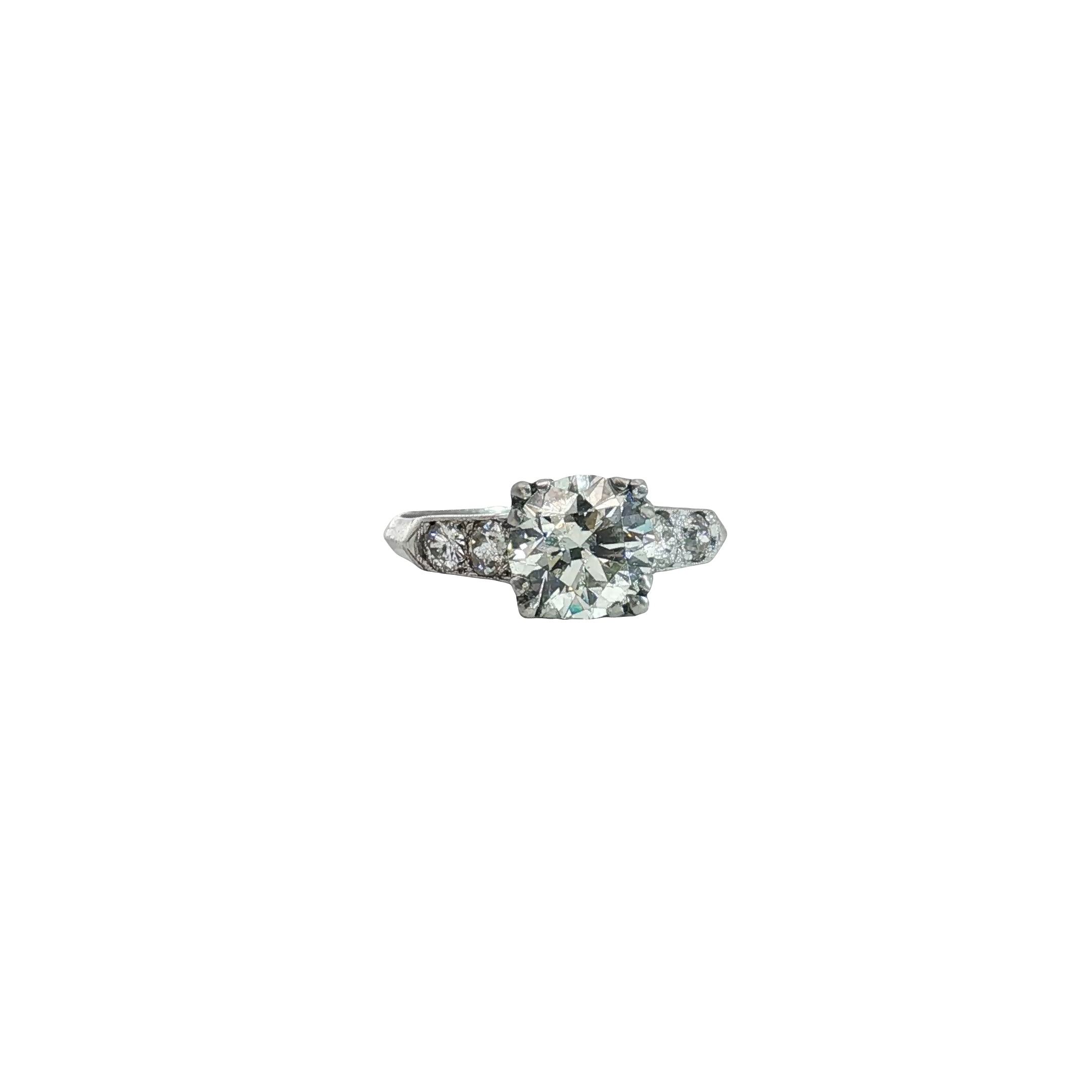 Platinum Antique Vintage 2.00ct F VS2 Round Old Mine Cut Diamond / .75ct Round Old Mine Cut Side Diamond Engagement Ring