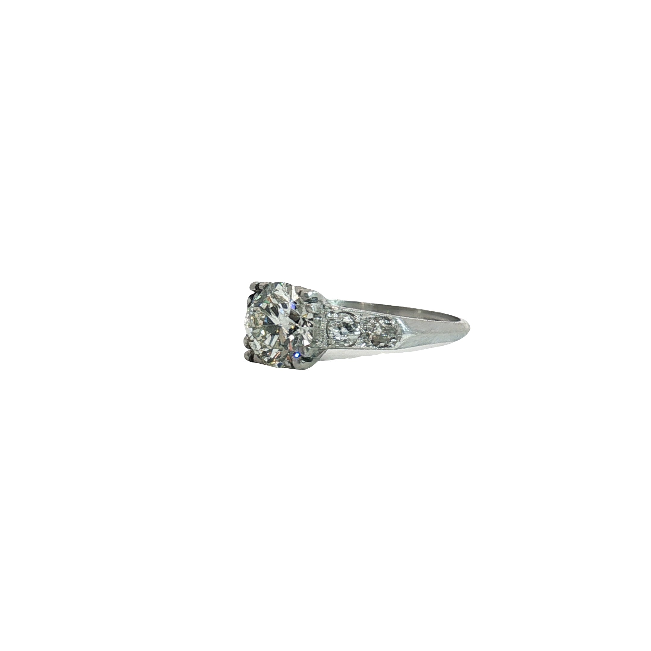 Platinum Antique Vintage 2.00ct F VS2 Round Old Mine Cut Diamond / .75ct Round Old Mine Cut Side Diamond Engagement Ring