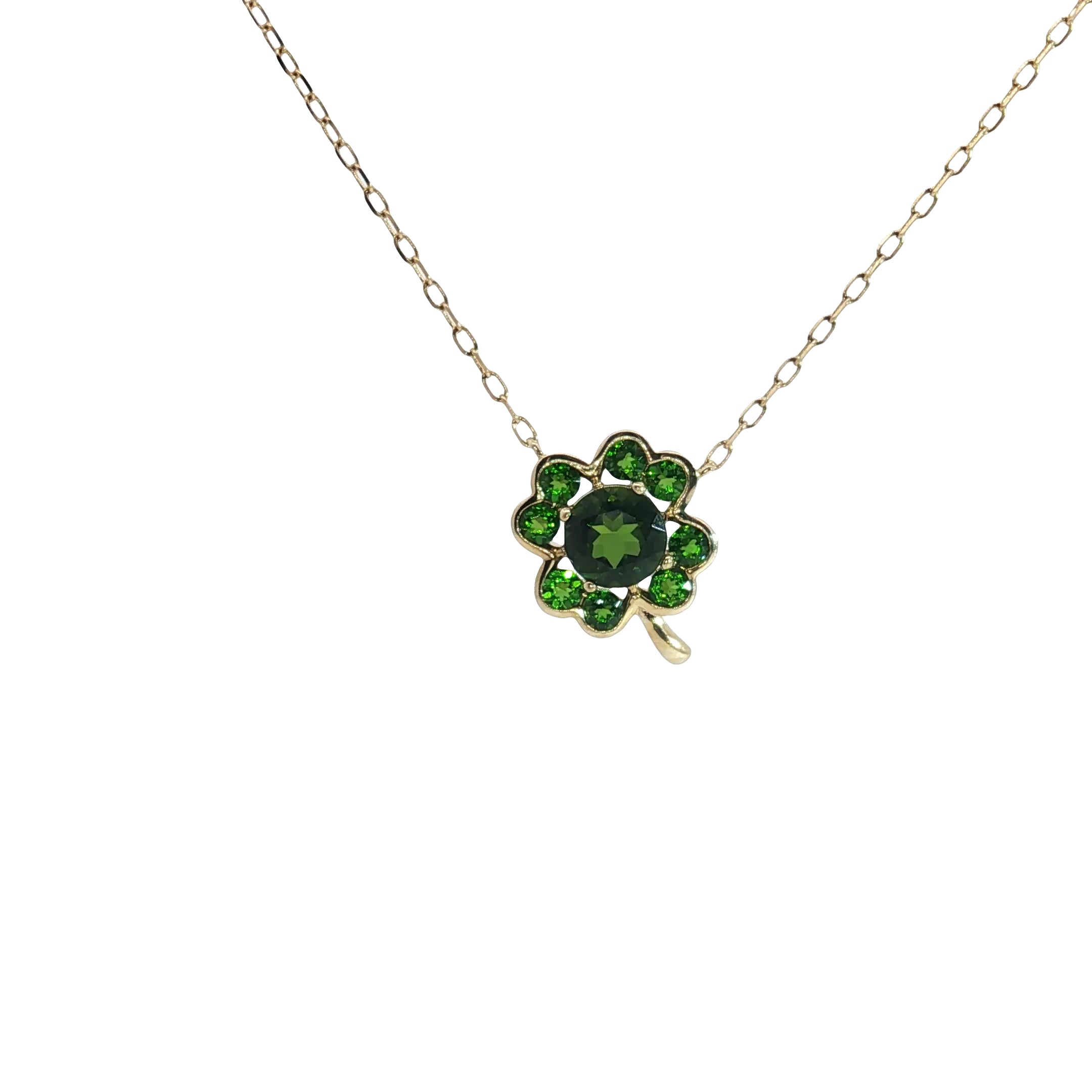 14k Yellow Gold Green Round Sapphire Clover Leaf Pendant