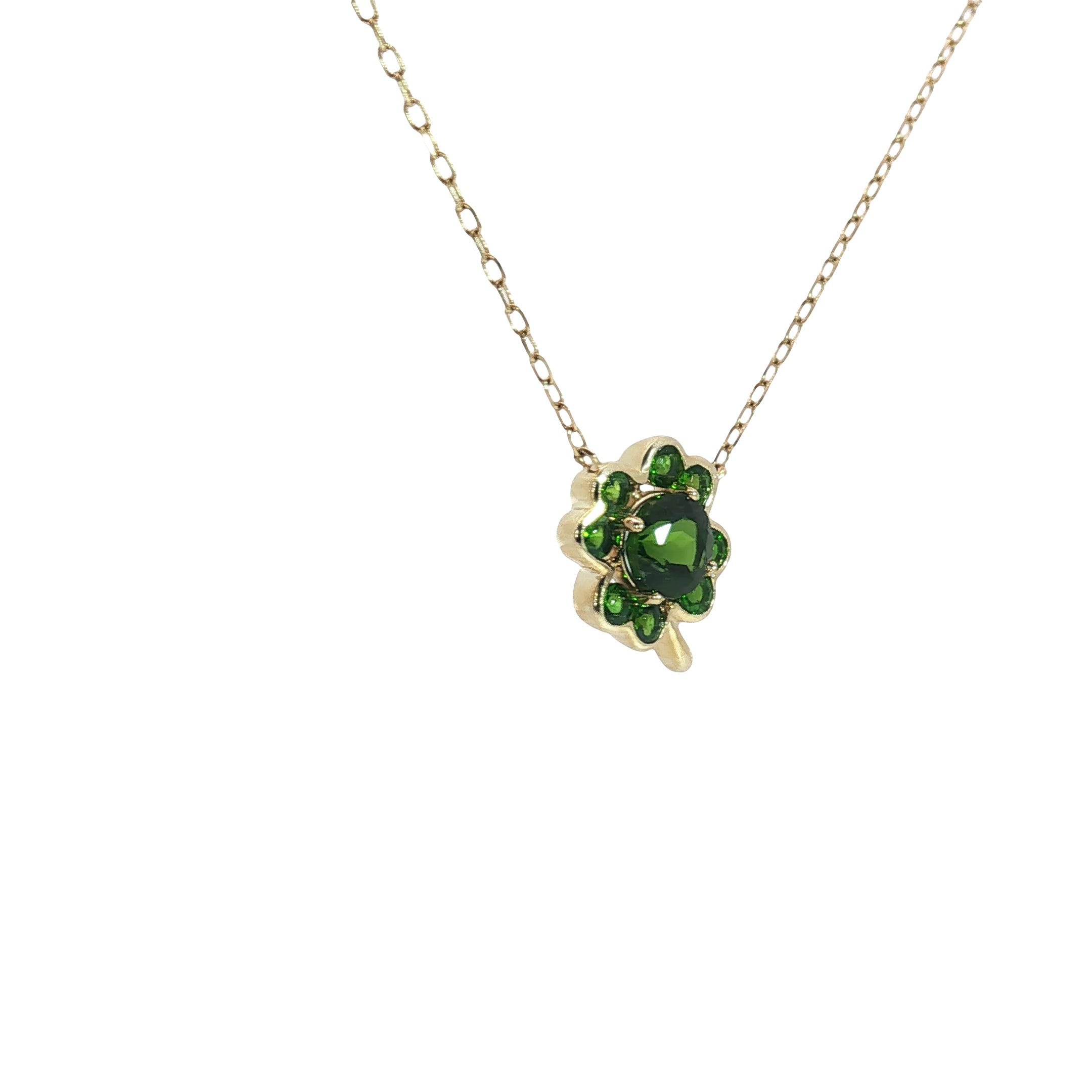 14k Yellow Gold Green Round Sapphire Clover Leaf Pendant